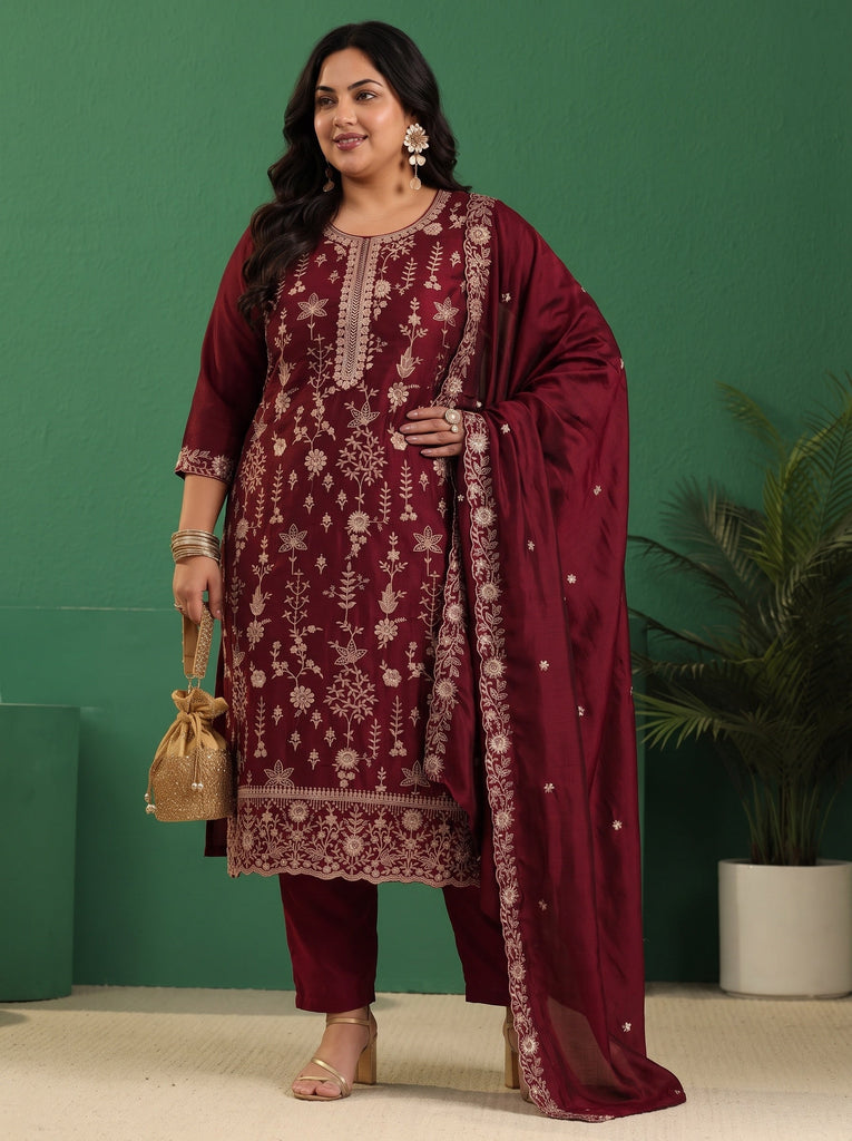 Plus Size Maroon Red Floral Embellished Silk Blend Straight Suit Set