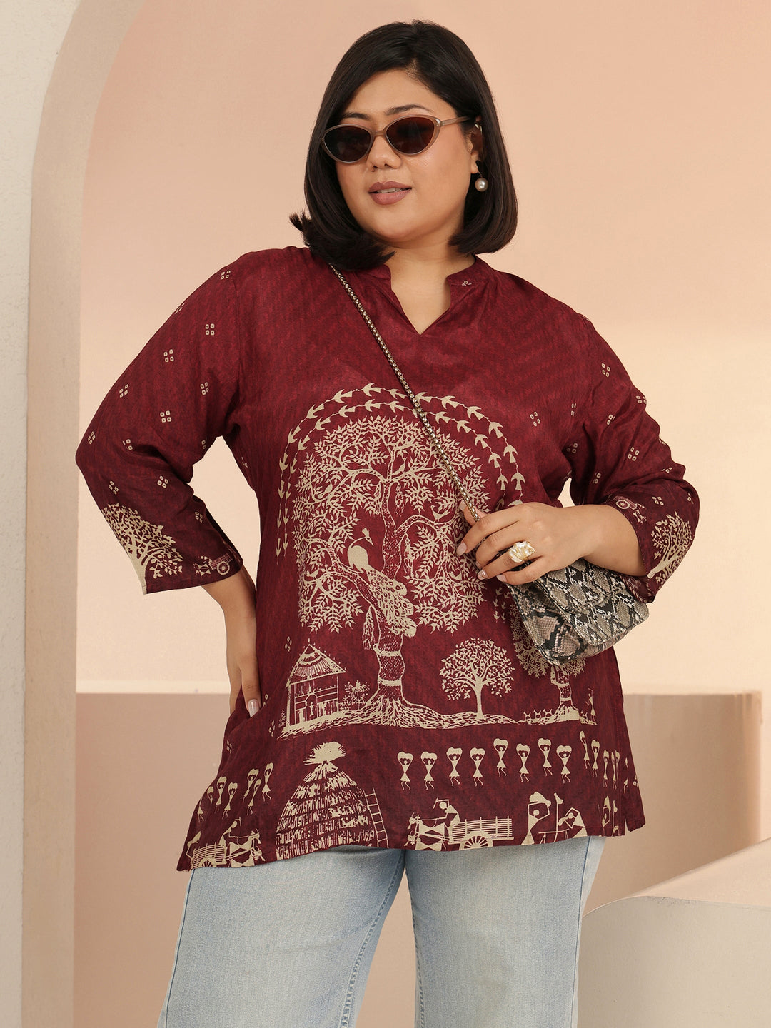 Plus Size Maroon Tribal Printed Muslin Straight Short Kurti 