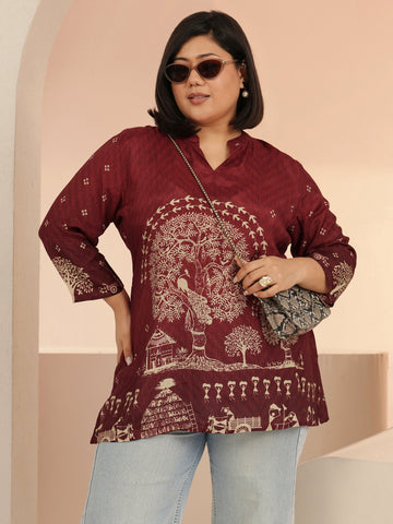 Plus Size Maroon Tribal Printed Silk Blend Straight Short Kurti