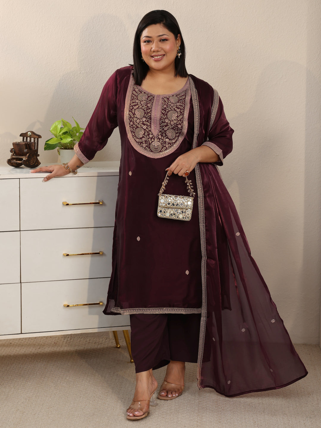  Plus Size Maroon Yoke Design Tissue Straight Suit Set 