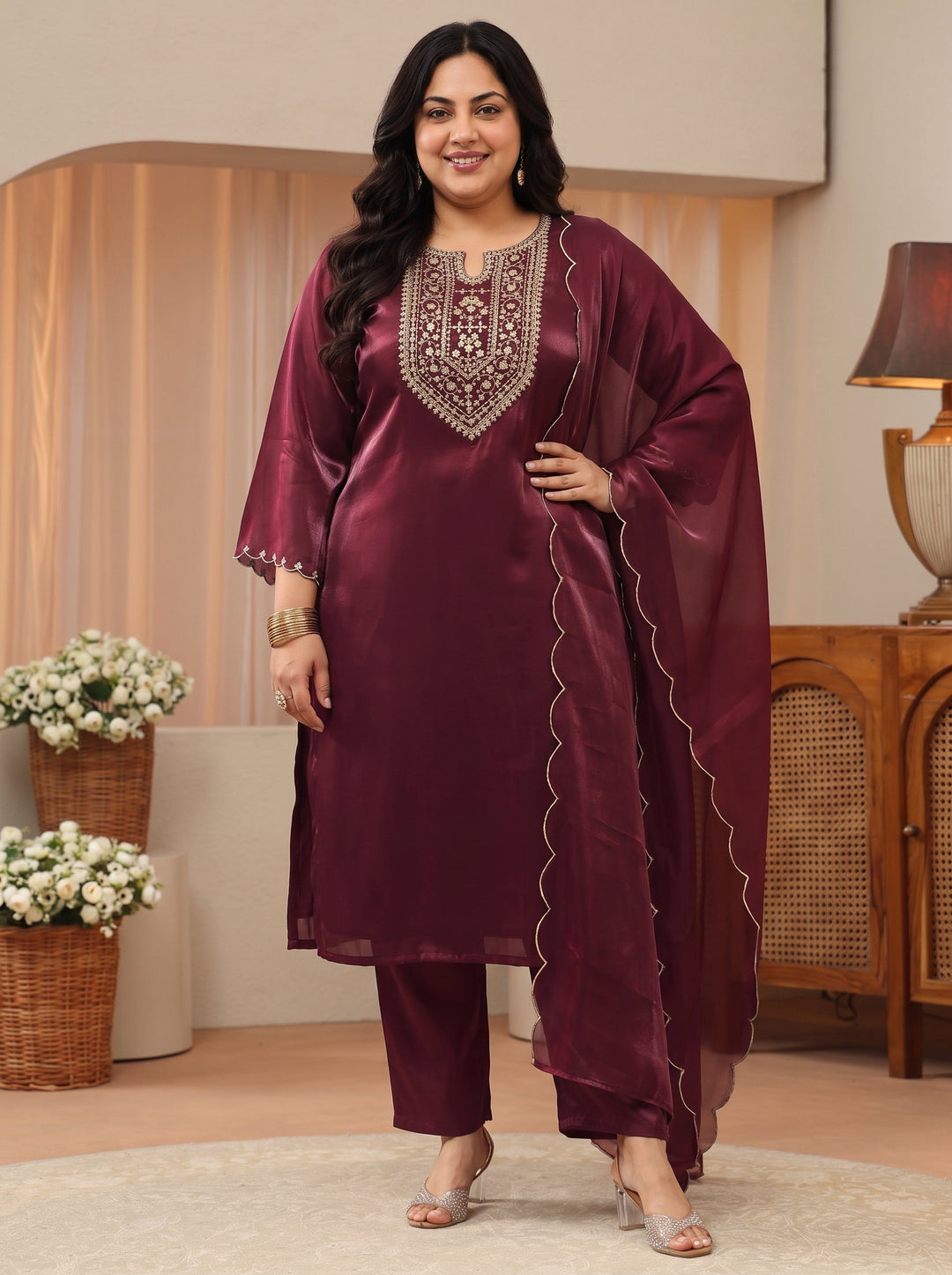 Plus Size Maroon Yoke Design Tissue Straight Suit Set