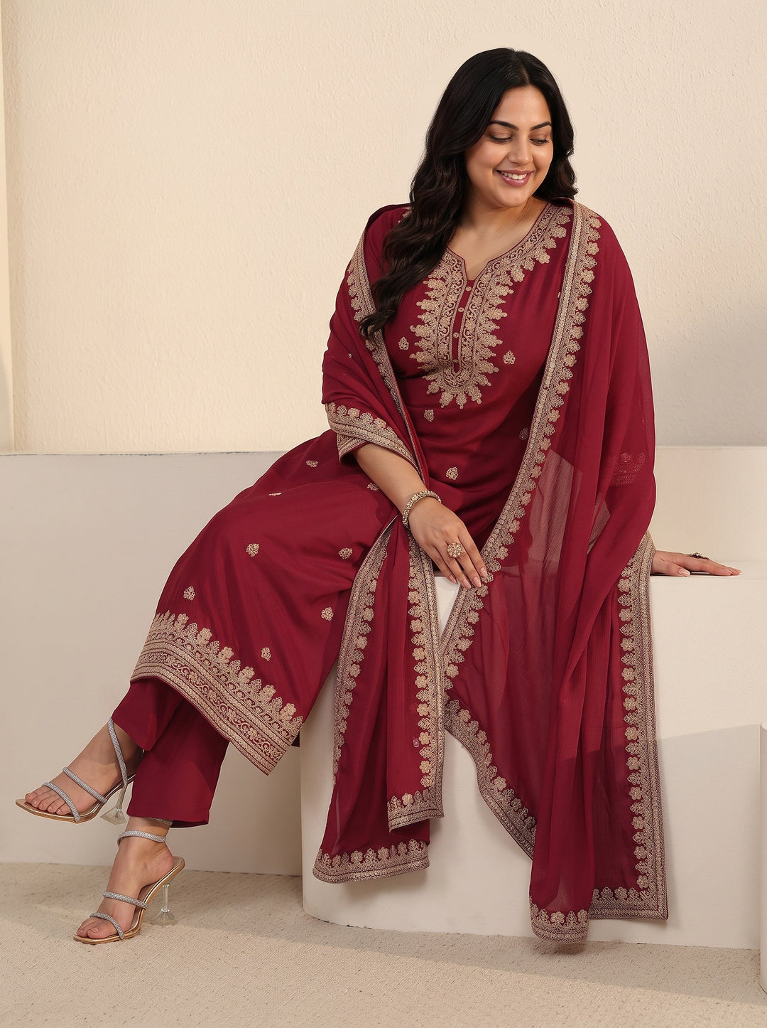  Plus Size Maroon Yoke Embroidered Chinon Straight Suit Set 