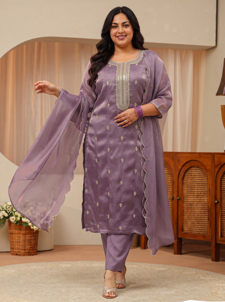 Plus Size Mauve Ethnic Embroidered Tissue Straight Suit Set