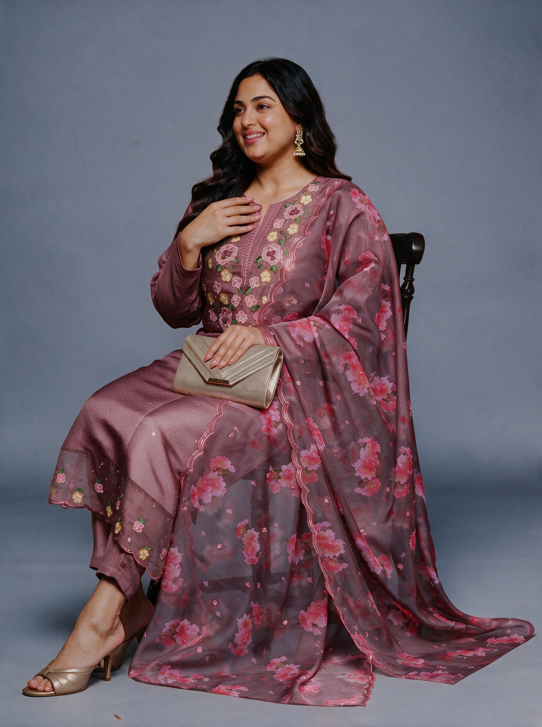 Plus Size Mauve Floral Embroidered Silk Blend Suit Set