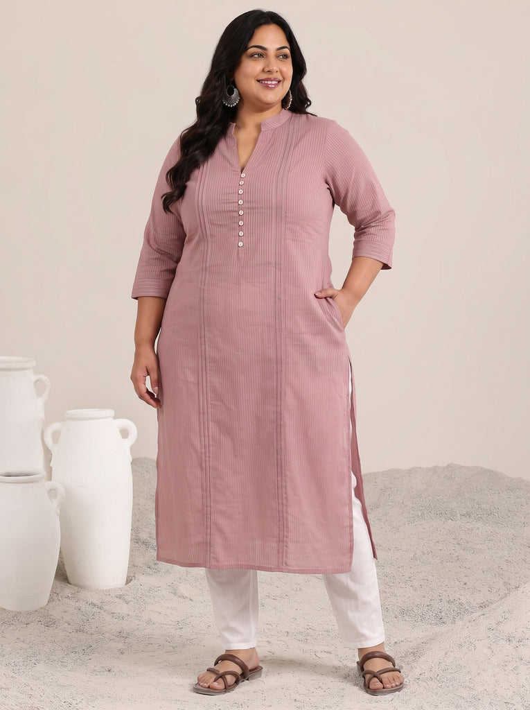 Plus Size Mauve Printed Cotton Straight Kurta