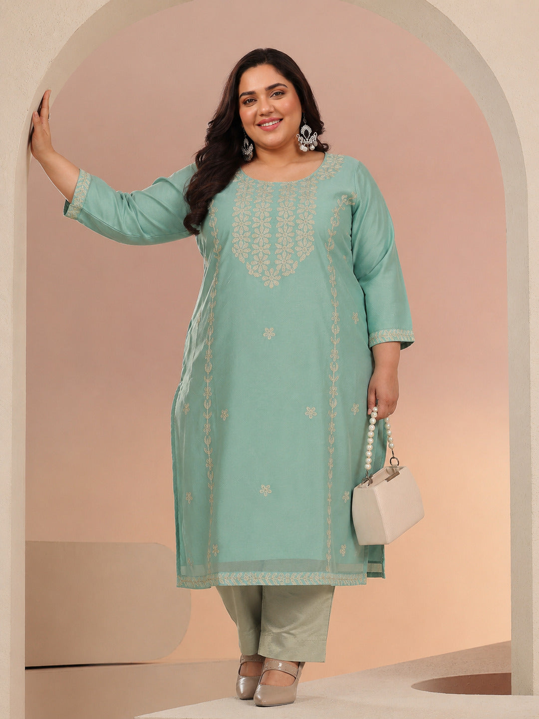 libas Plus Size Mint Green Floral Embroidered Silk Blend Straight Kurta-picture-44