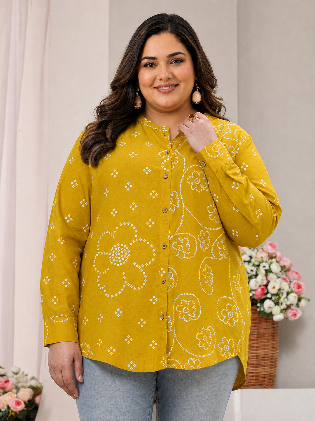  Plus Size Mustard Bandhani Printed Cotton Shirt 
