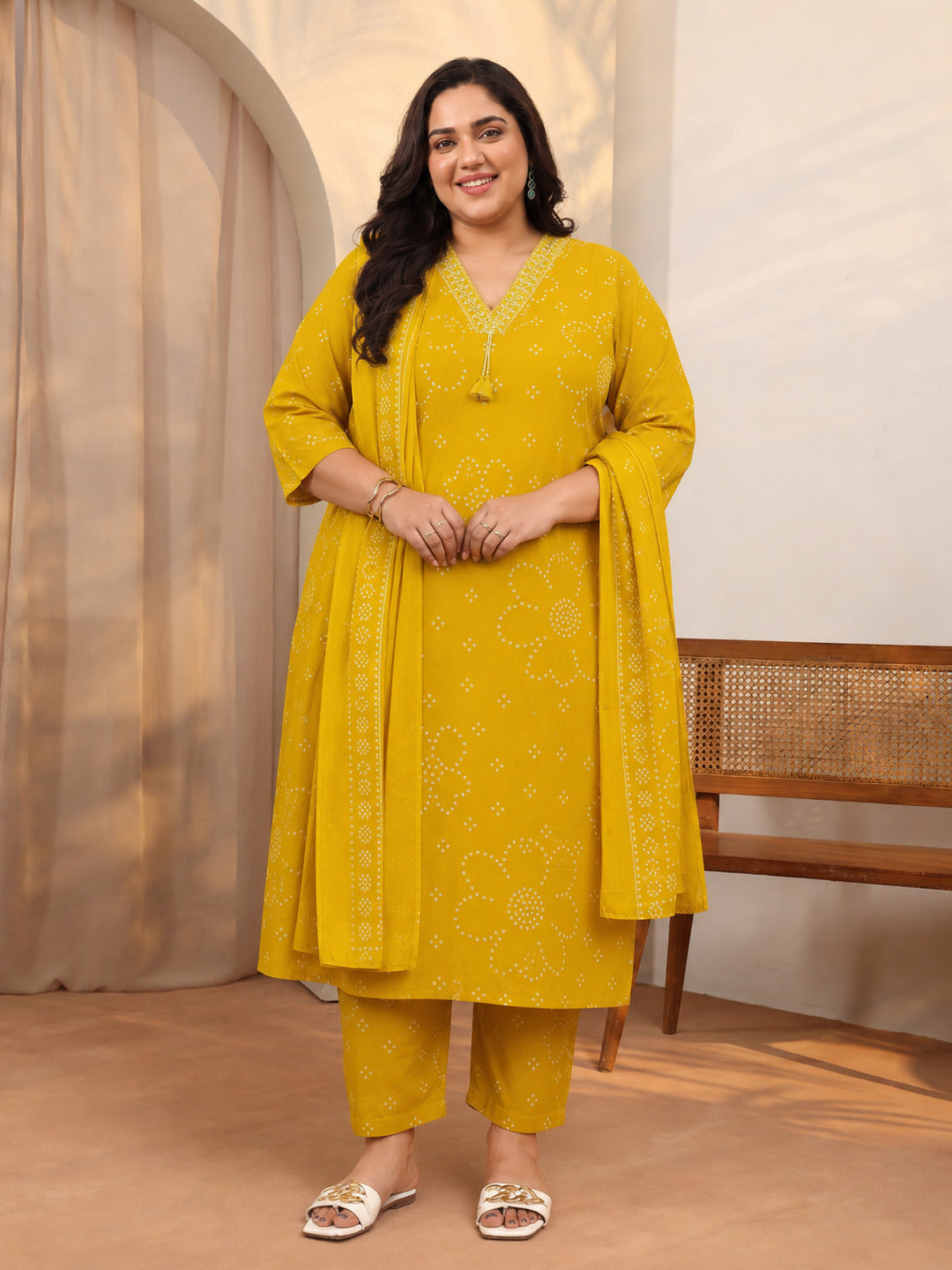 libas Plus Size Mustard Bandhani Printed Cotton Suit Set With Dupatta-picture-26