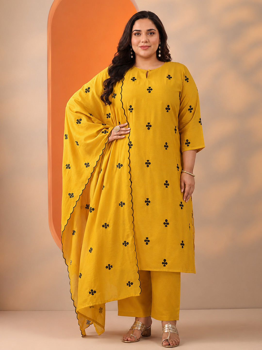 libas Plus Size Mustard Embroidered Cotton Blend Straight Suit Set With Dupatta-picture-18