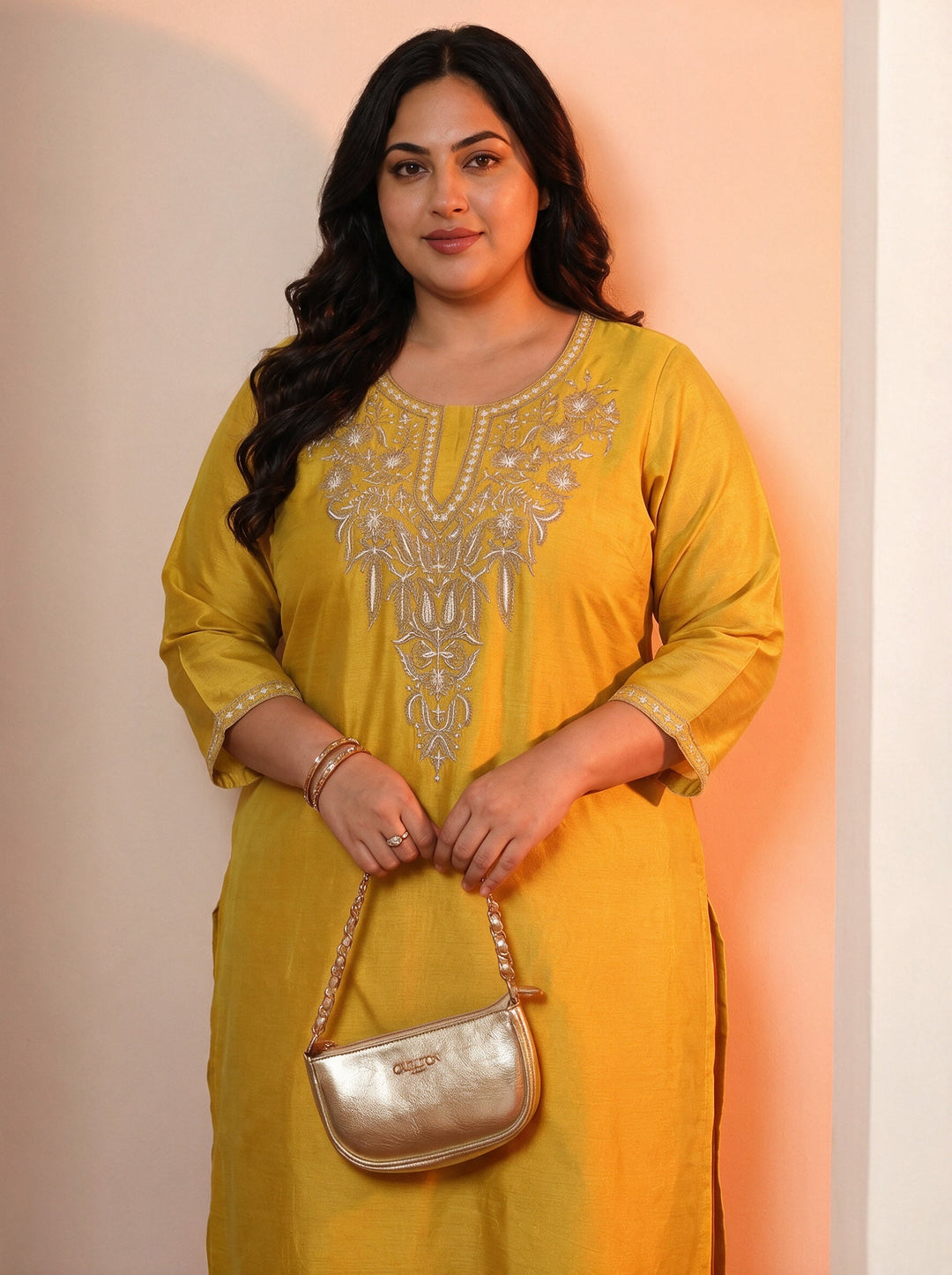 Plus Size Mustard Embroidered Silk Blend Straight Kurta