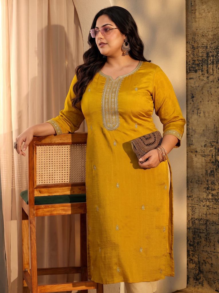 Plus Size Mustard Embroidered Silk Blend Straight Kurta