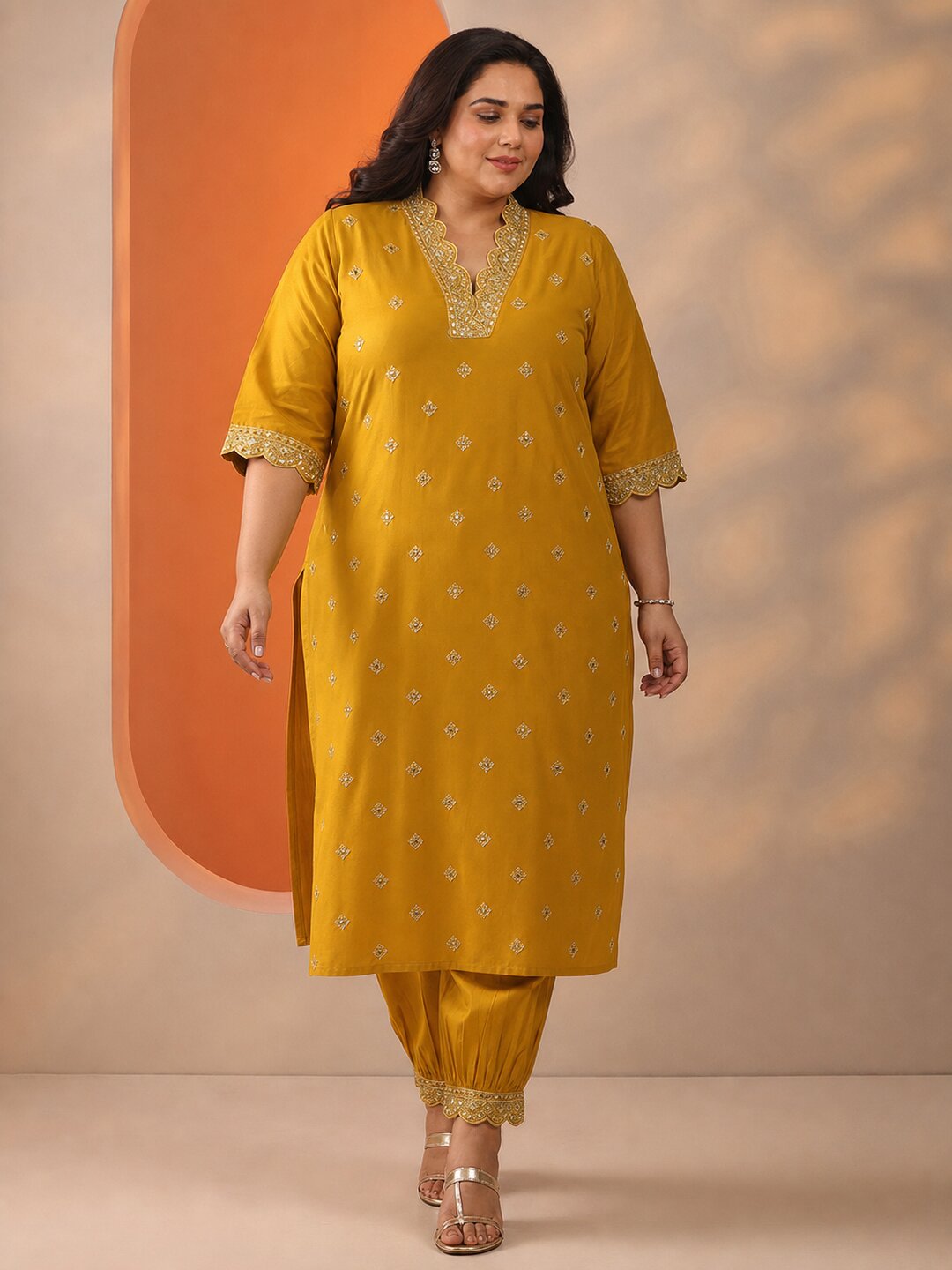libas Plus Size Mustard Embroidered Silk Blend Straight Kurta Set-picture-60