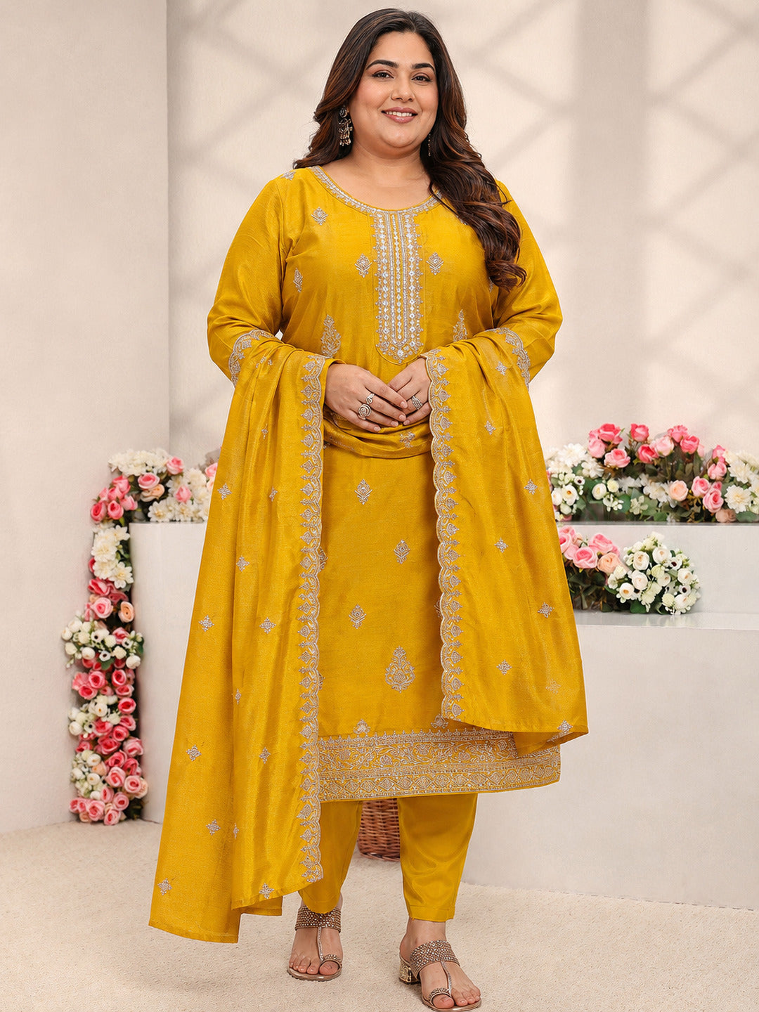  Plus Size Mustard Embroidered Silk Blend Straight Suit Set With Dupatta 