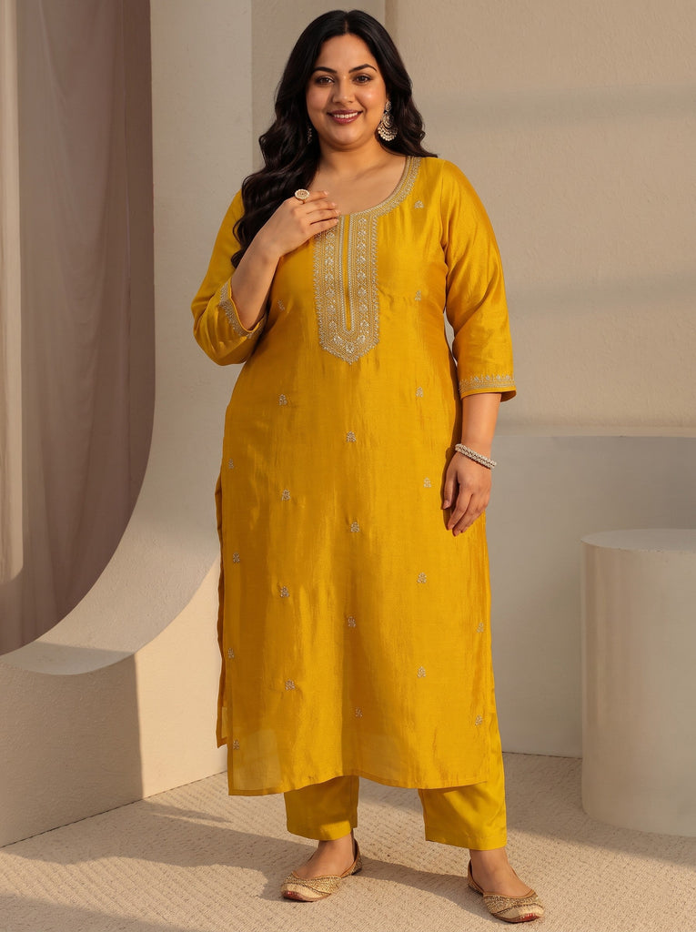 Plus Size Mustard Ethnic Embroidered Silk Blend Straight Kurta