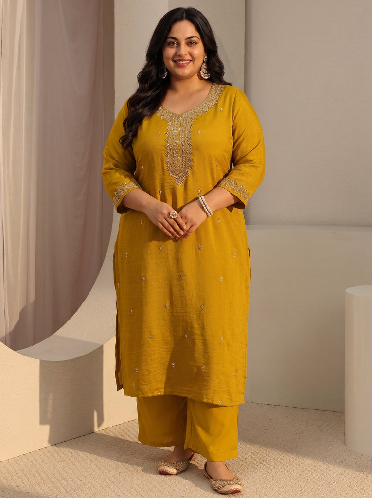 Plus Size Mustard Ethnic Embroidered Silk Blend Straight Kurta