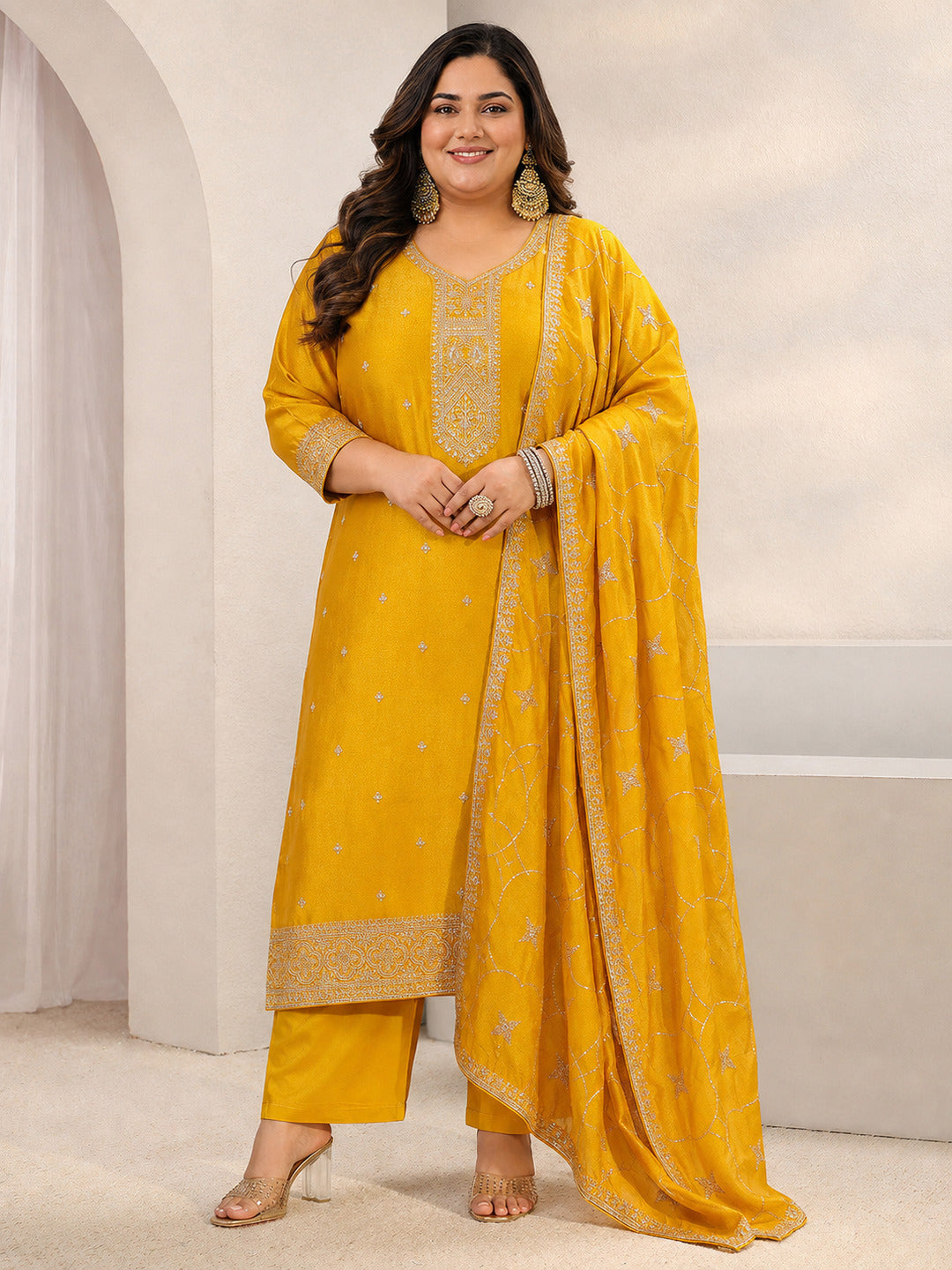 Plus Size Mustard Ethnic Embroidered Silk Blend Straight Suit Set With Dupatta 