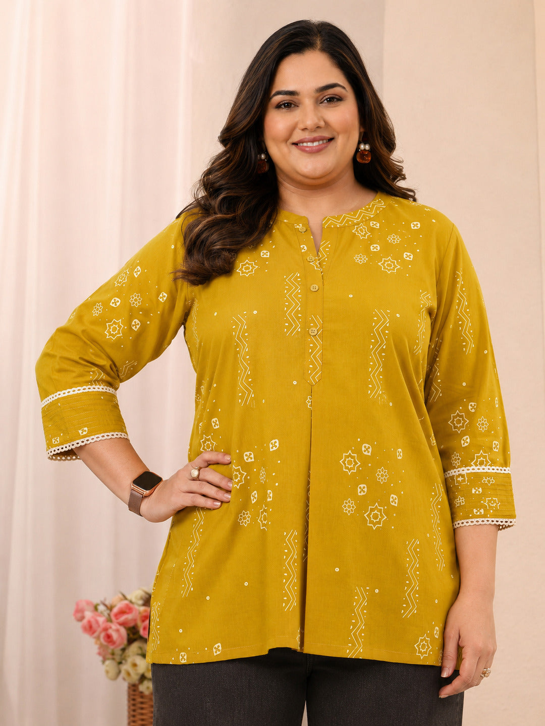  Plus Size Mustard Ethnic Printed Cotton Straight Short Kurti 