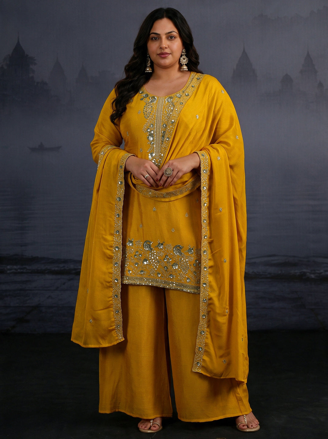 Plus Size Mustard Floral Embellished Chinon Palazzo Suit Set