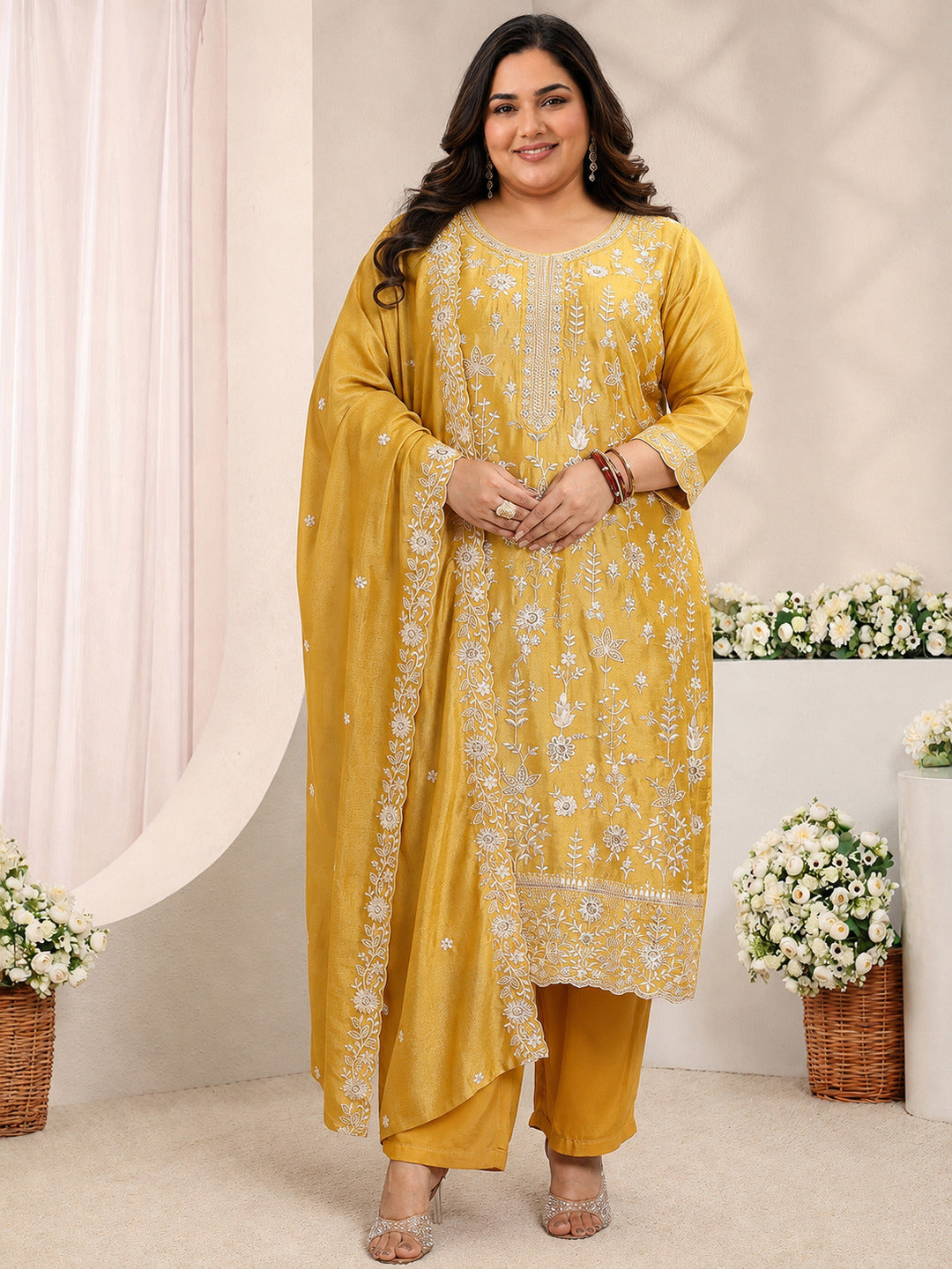  Plus Size Mustard Floral Embroidered Silk Blend Straight Suit Set With Dupatta 