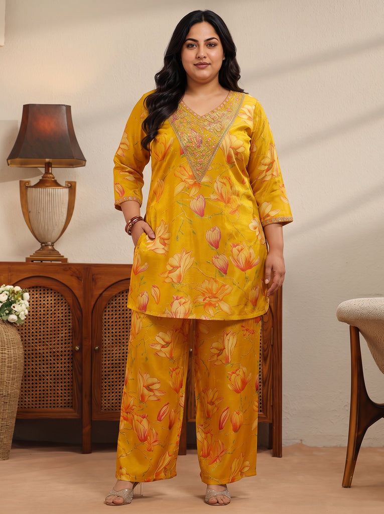 Plus Size Mustard Floral Print Silk Blend Co-Ord Set