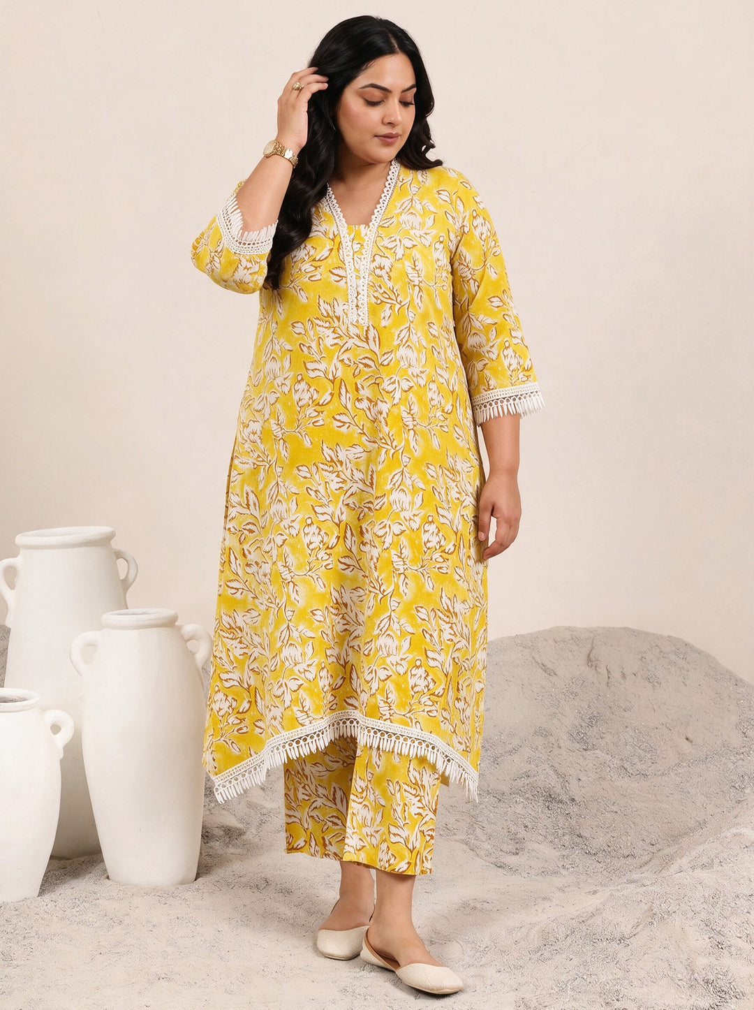 Plus Size Mustard Floral Printed Cotton Kurta Set