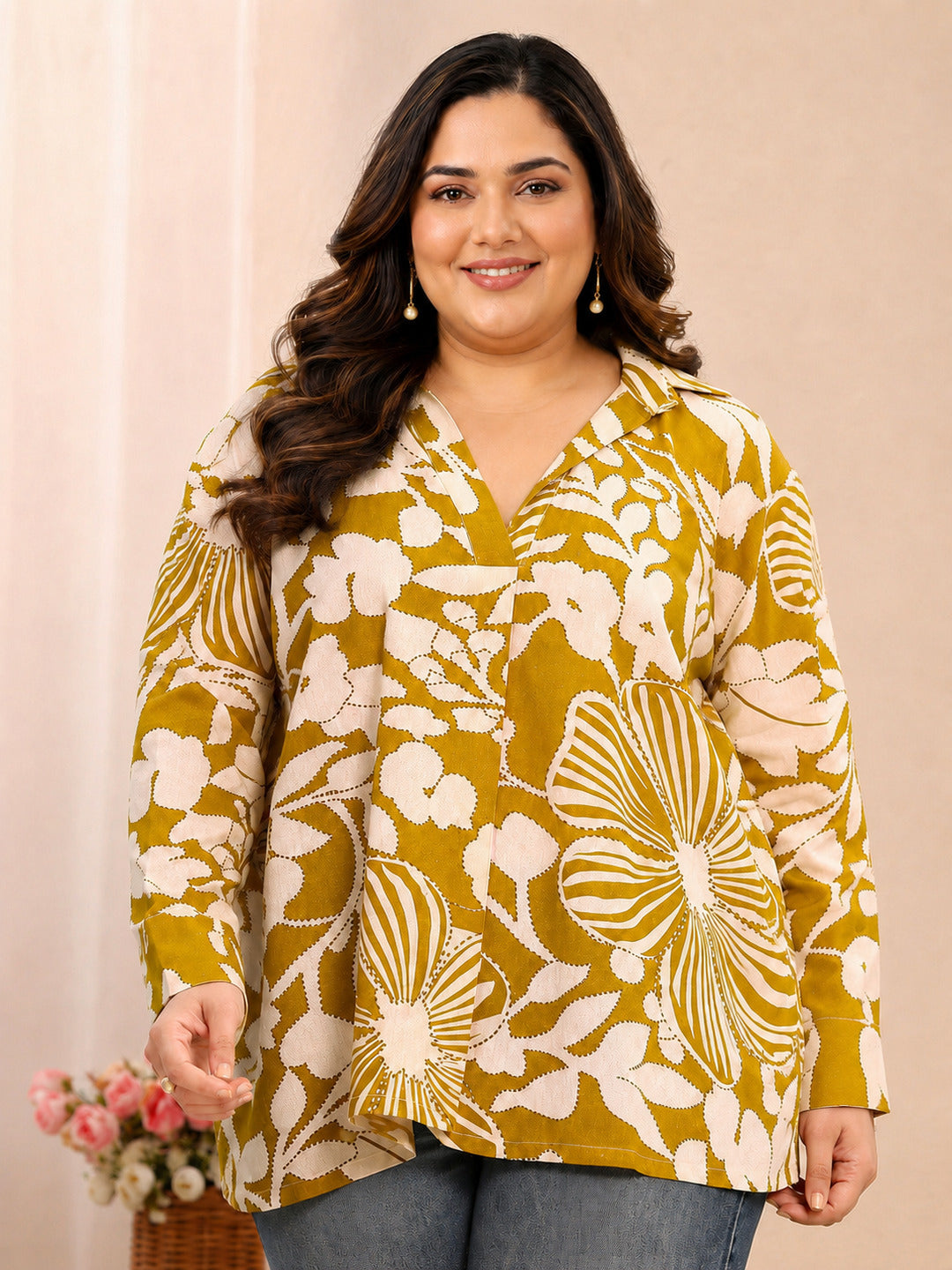 libas Plus Size Mustard Floral Printed Cotton Straight Short Kurti-picture-43