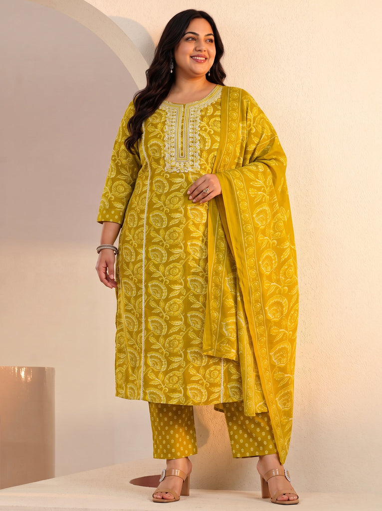 Plus Size Mustard Floral Printed Cotton Straight Suit Set