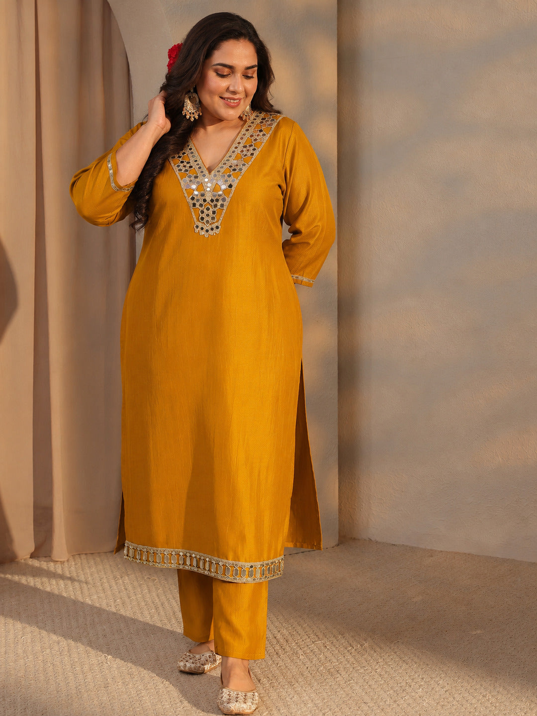 libas Plus Size Mustard Mirror Work Yoke Design Silk Blend Straight Kurta With Trouser-picture-58
