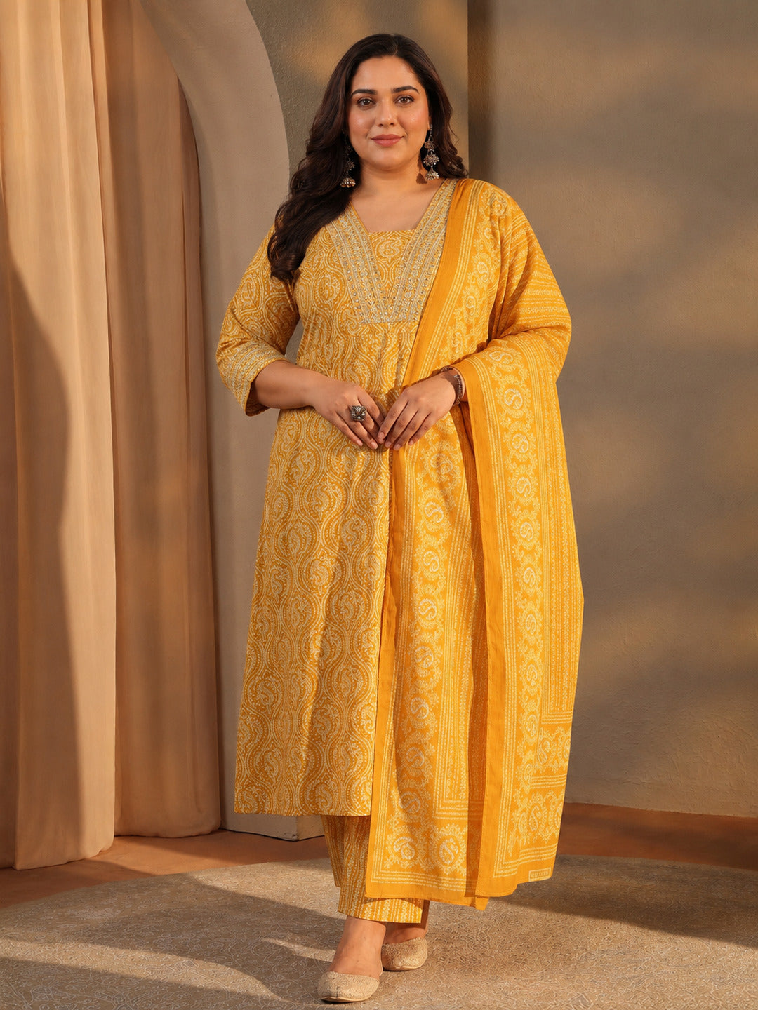  Plus Size Mustard Paisley Printed Cotton A-Line Suit Set With Dupatta 