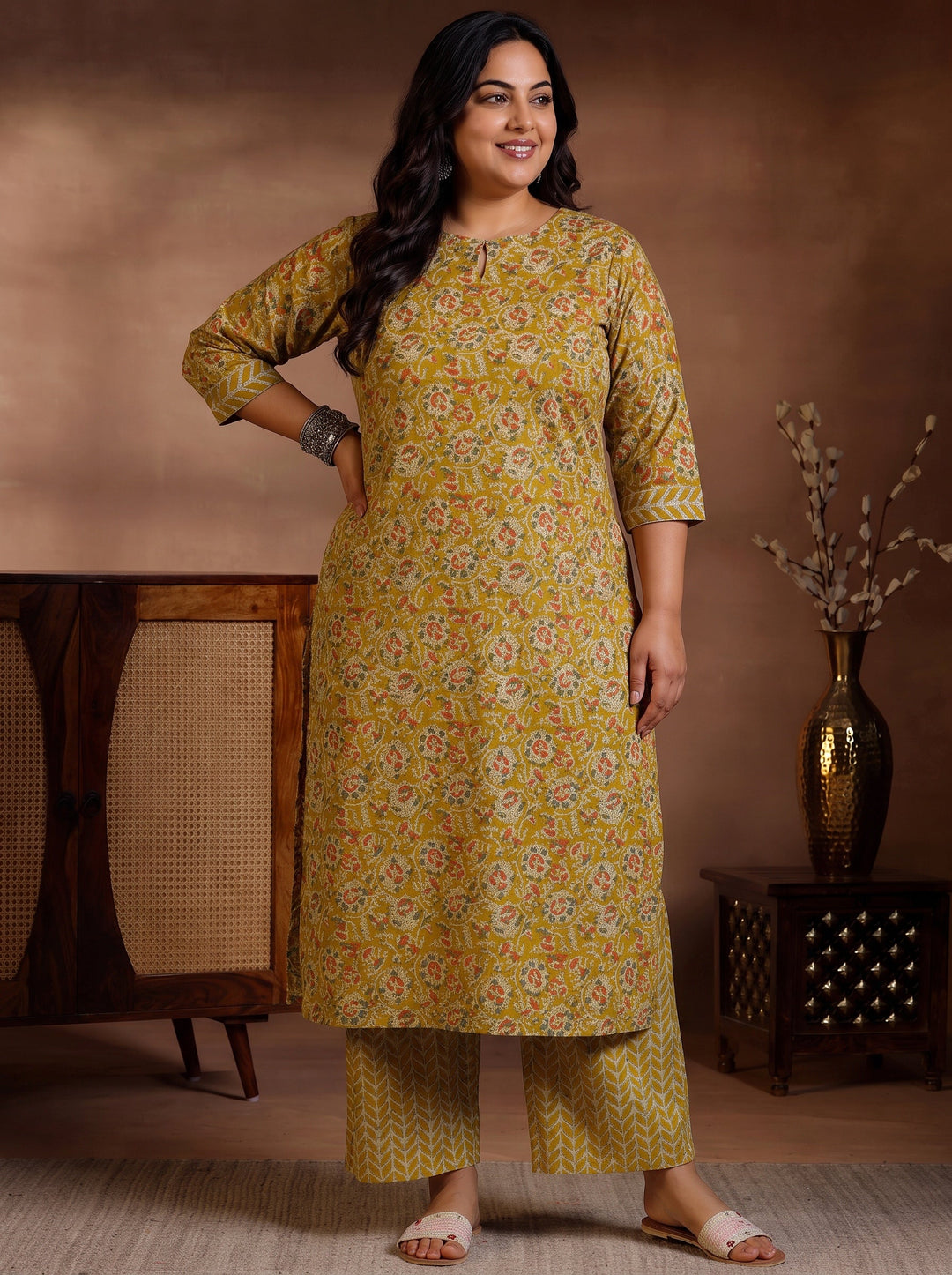 Plus Size Mustard Printed Cotton Straight Kurta Set