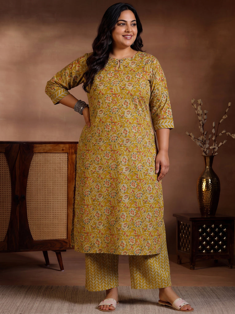 Plus Size Mustard Printed Cotton Straight Kurta Set