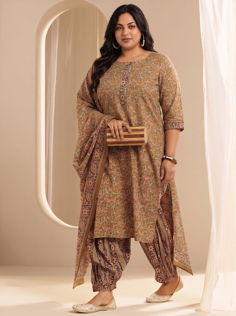 Plus Size Mustard Printed Cotton Straight Suit With Dupatta
