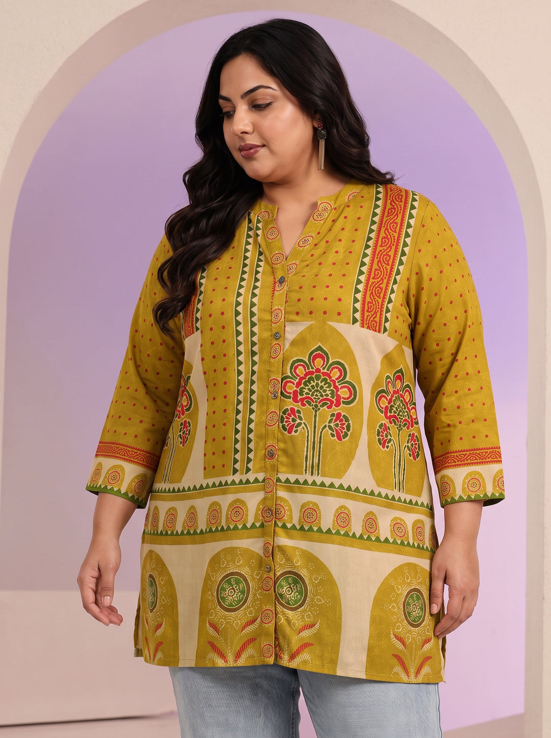 Plus Size Mustard Printed Straight Silk Blend  Short kurti