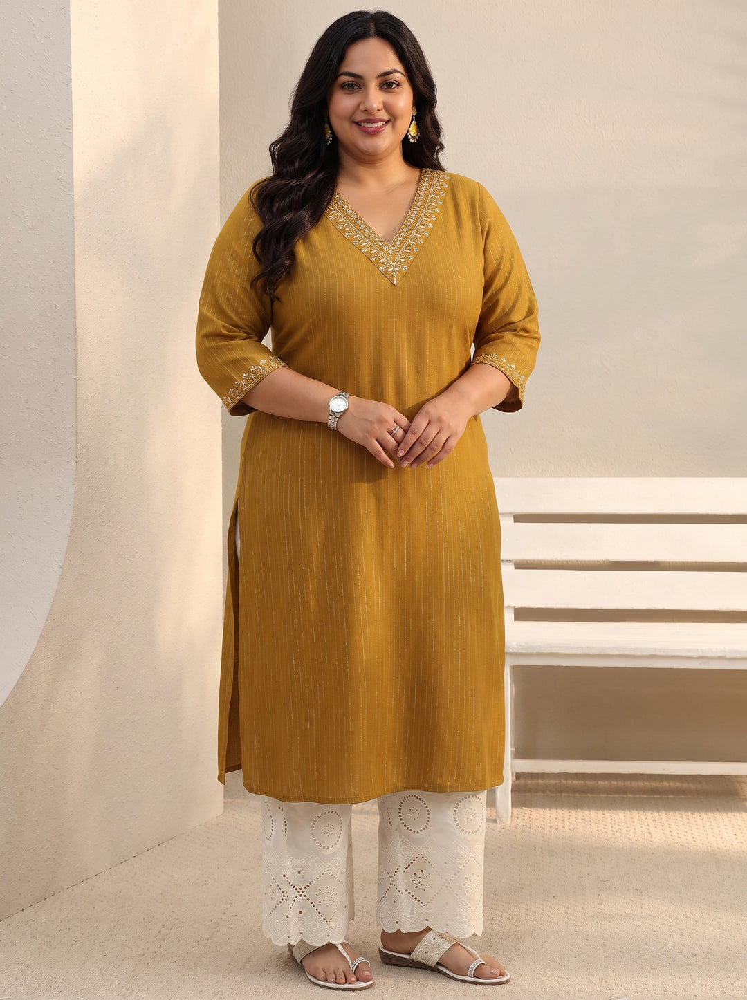  Plus Size Mustard Striped Rayon Straight Kurta 