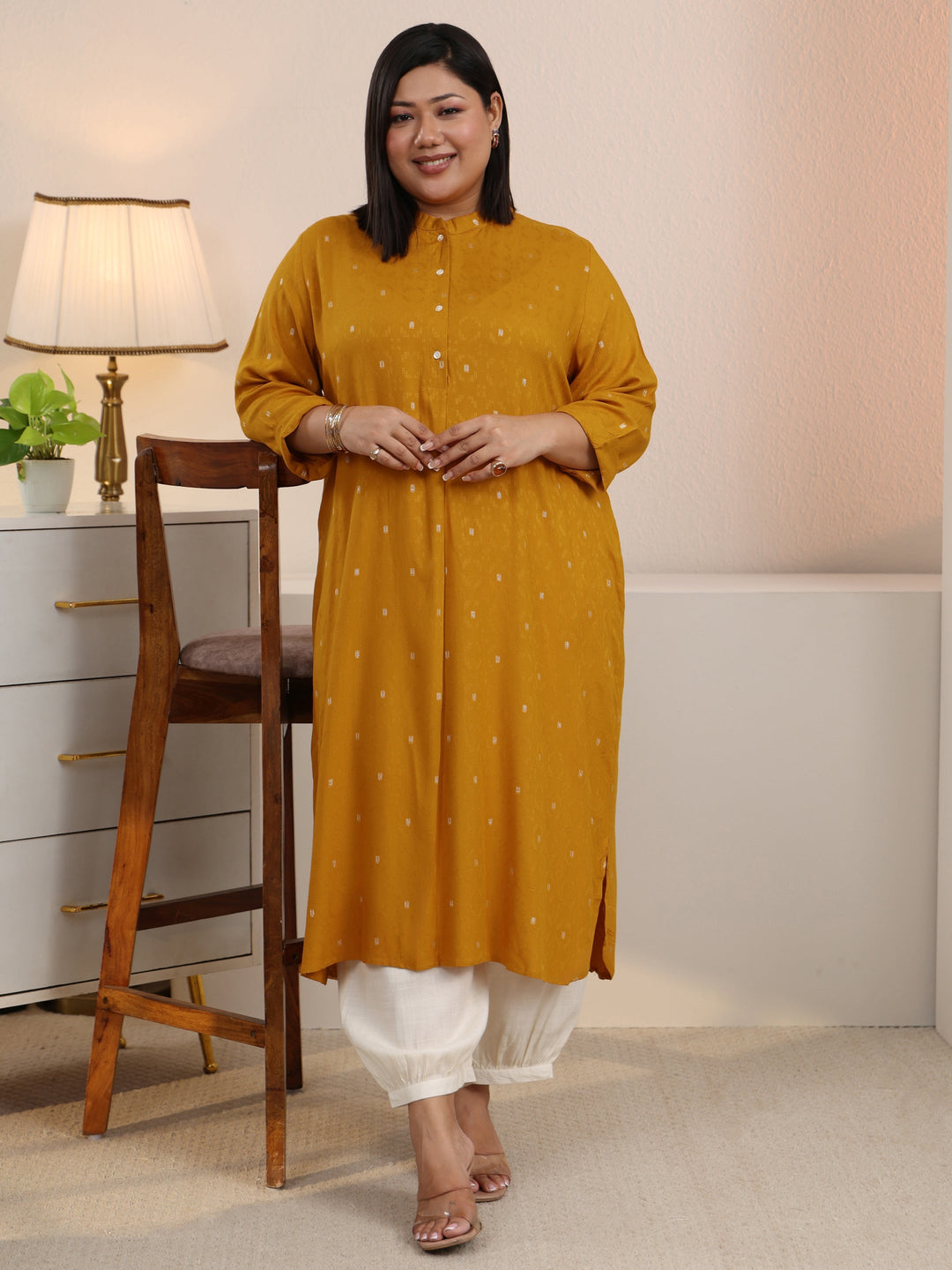  Plus Size Mustard Woven Design Rayon Straight Kurta 