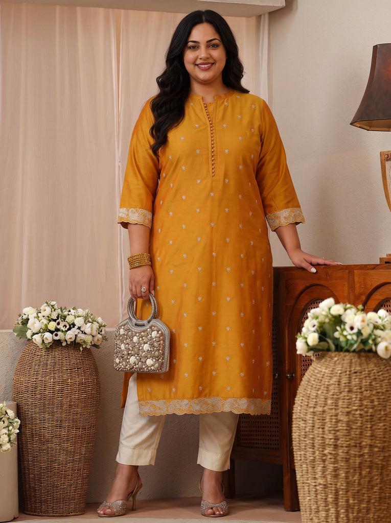 Plus Size Mustard Woven Design Silk Blend Straight Kurta