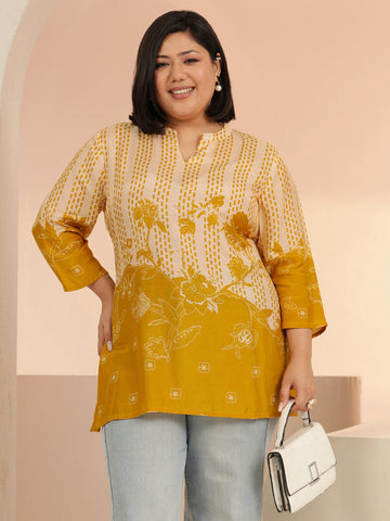 Plus Size Mustard Yellow Printed Silk Blend Straight Short Kurti