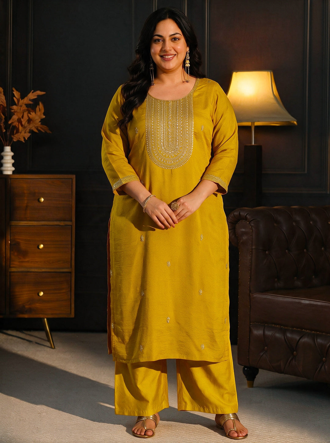 Plus Size Mustard Yoke Embroidered Silk Blend Straight Kurta
