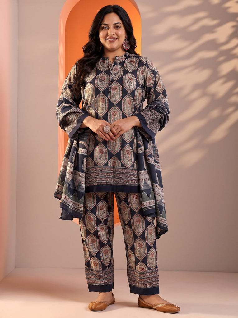 Plus Size Navy Blue Embellished Silk Blend Straight Suit Set With Dupatta