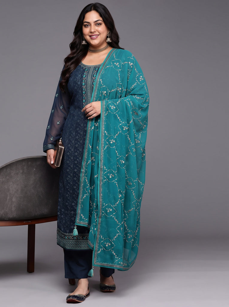 Plus Size Navy Blue Embroidered Georgette Straight Suit With Dupatta