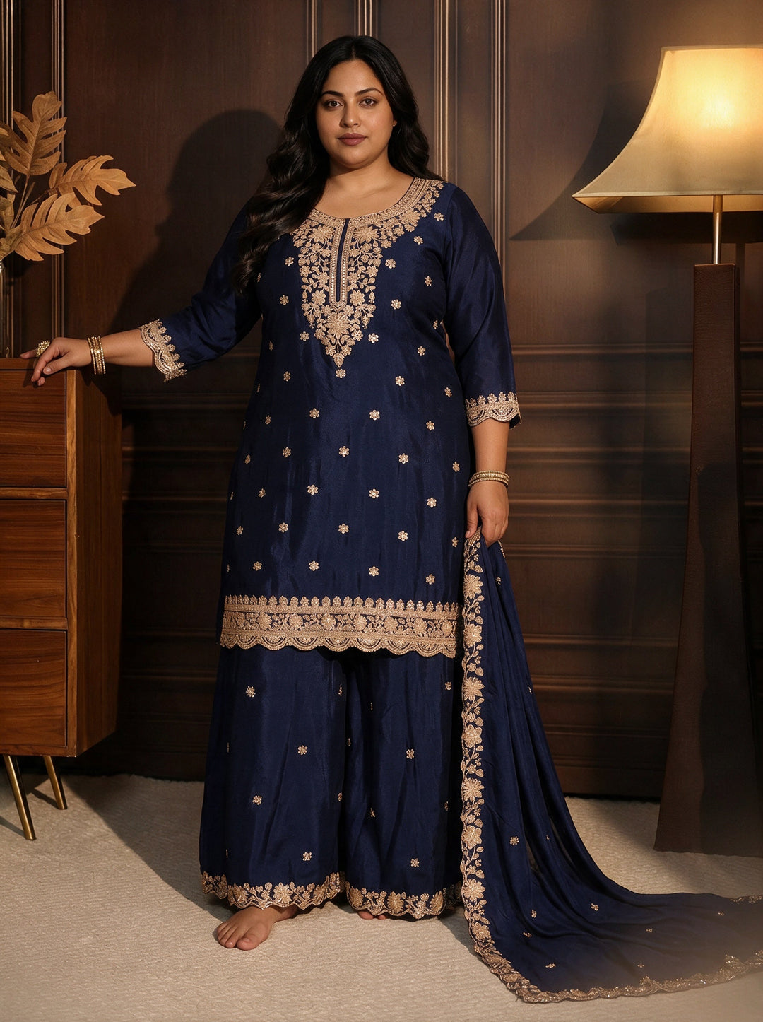 Plus Size Navy Blue Floral Embroidered Chinon Palazzo Suit Set