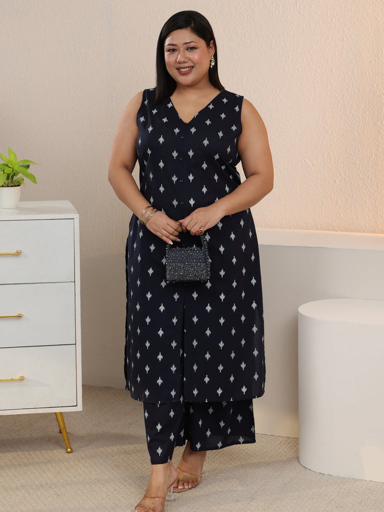 Plus Size Navy Blue Floral Printed Cotton Blend Straight Kurta Set