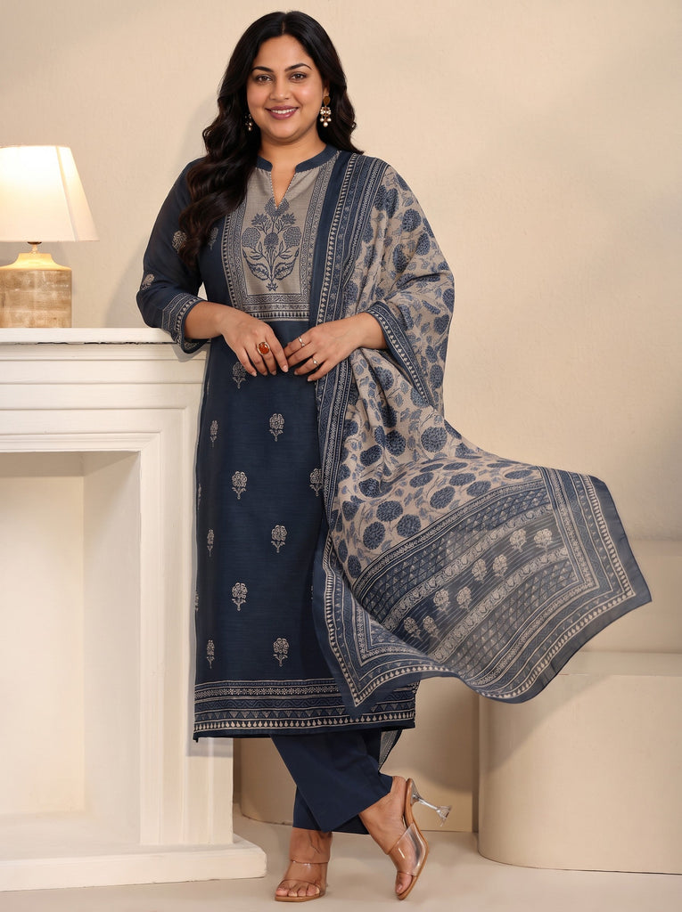 Plus Size Navy Blue Printed Yoke Chanderi Silk Straight Suit Set
