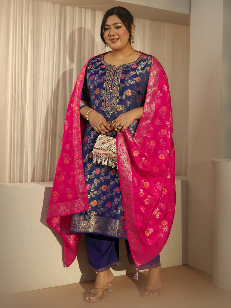 Plus Size Navy Blue Woven Design Silk Blend Straight Suit Set With Dupatta