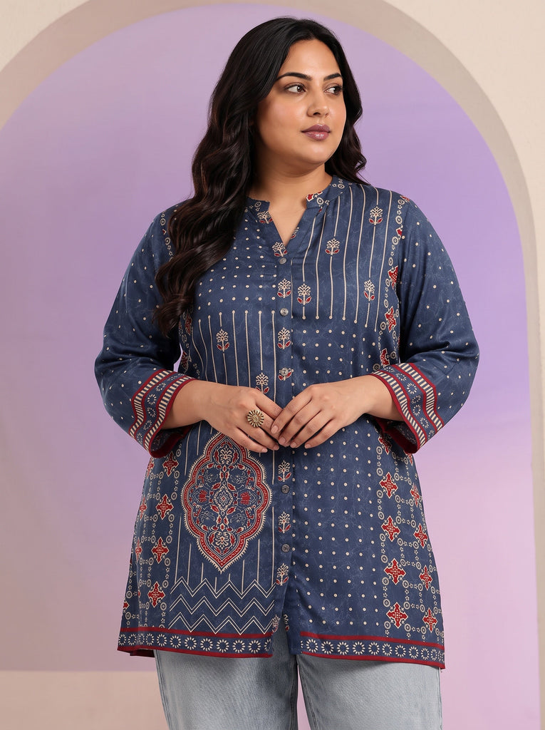 Plus Size Navy Printed Straight Cotton Blend Short kurti