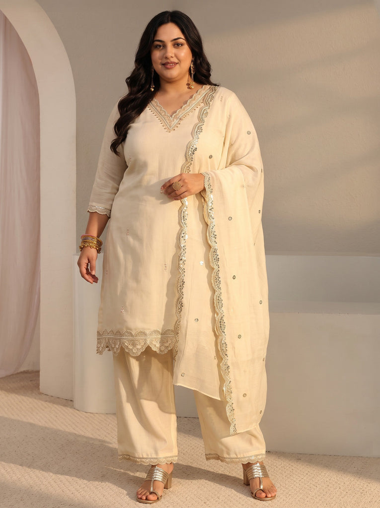 Plus Size Off White Embellished Chanderi Silk Straight Suit Set With Dupatta