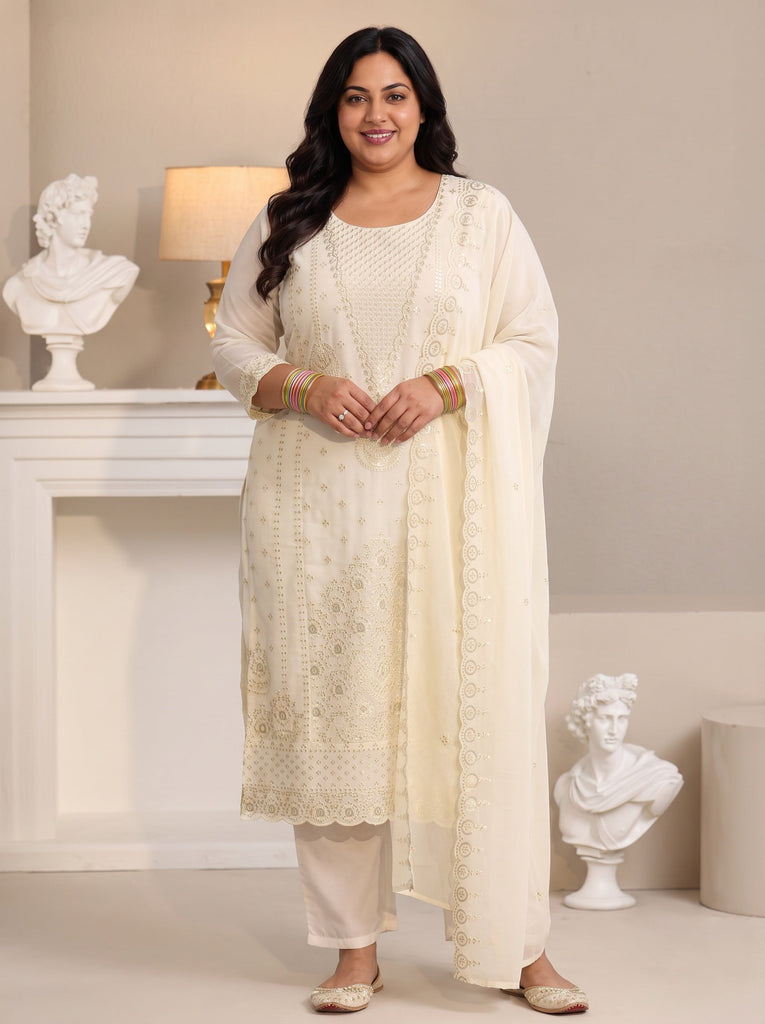 Plus Size Off White Embroidered Georgette Straight Suit Set