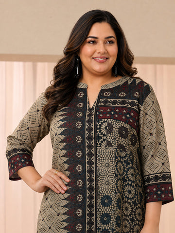 Plus Size Off White Ethnic Printed Silk Blend Straight Short Kurti
