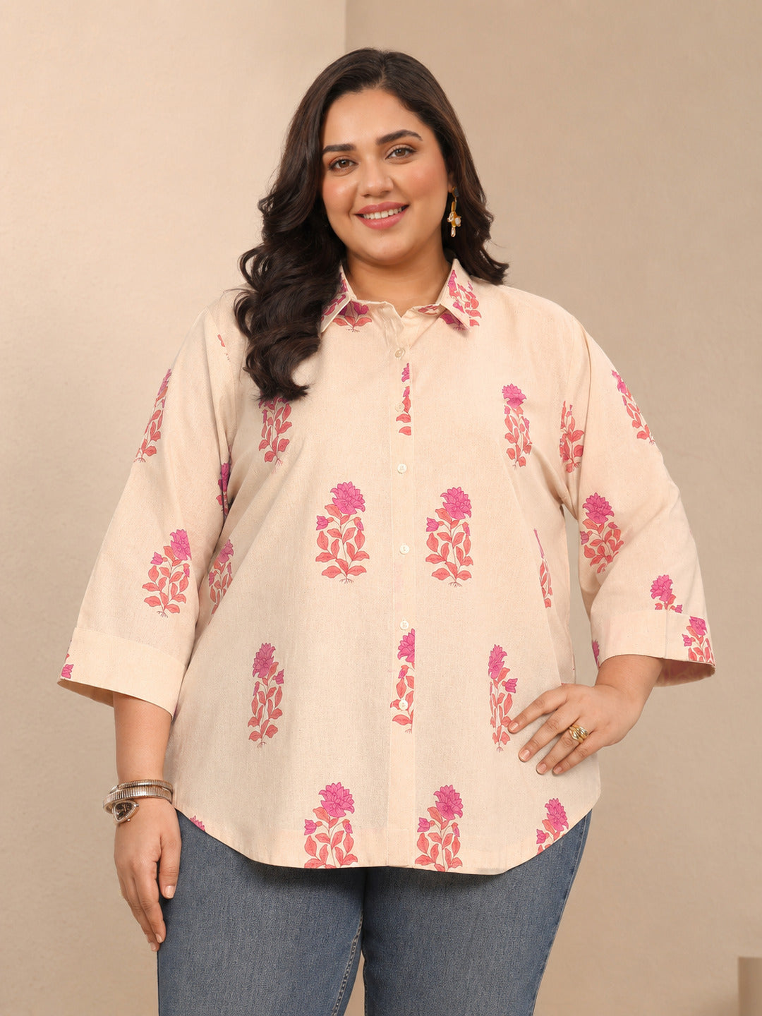libas Plus Size Off White Floral Printed Cotton Shirt-picture-26
