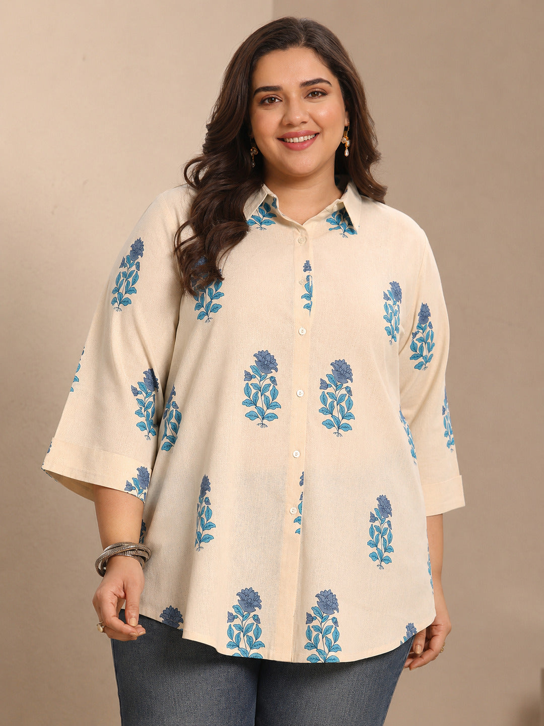 libas Plus Size Off White Floral Printed Cotton Shirt-picture-32